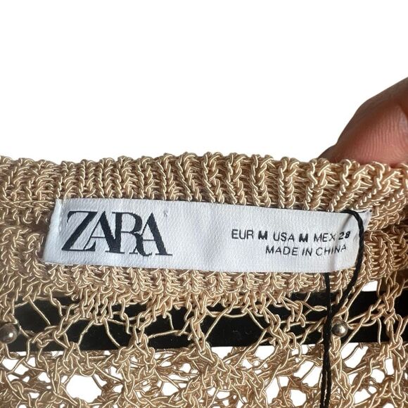 NWT Zara Open Knit Metallic Pompom Sweater Beige Gold Size - Picture 11 of 15